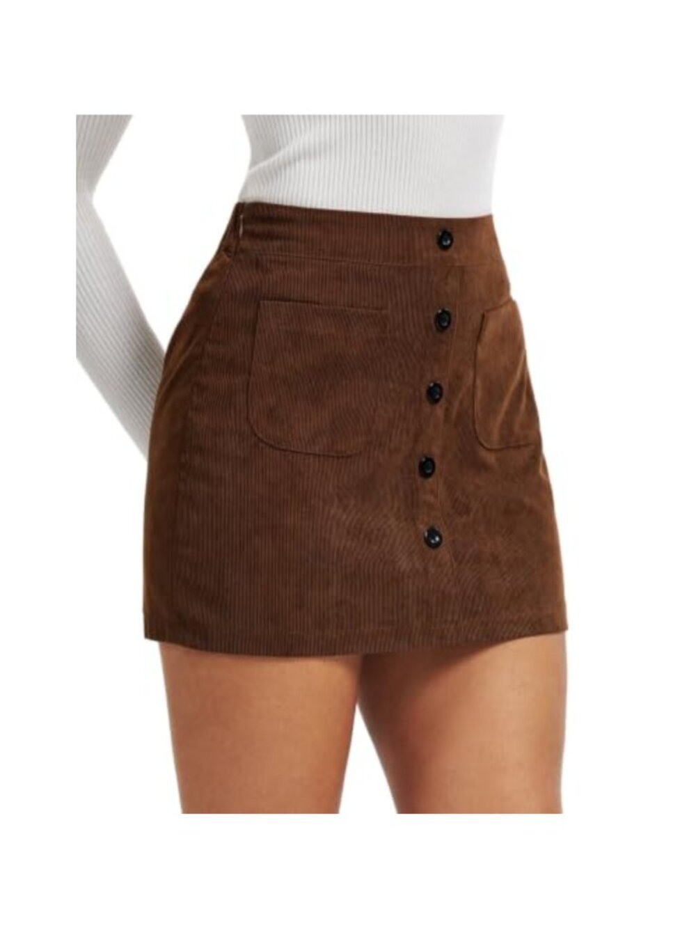 Corduroy High Waisted Mini Skirt with Pockets Button Front A Line Pencil